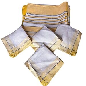 Vtg Plaid Stripe Tablecloth Napkin Set Linen Yellw White Blck Farmhouse Cottage